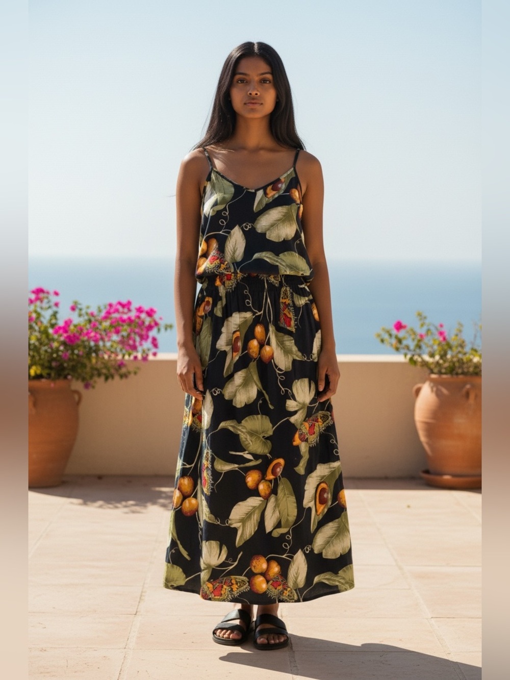 Vintage Como Botanical Print Cotton Midi Skirt & Tank Set Italian 42